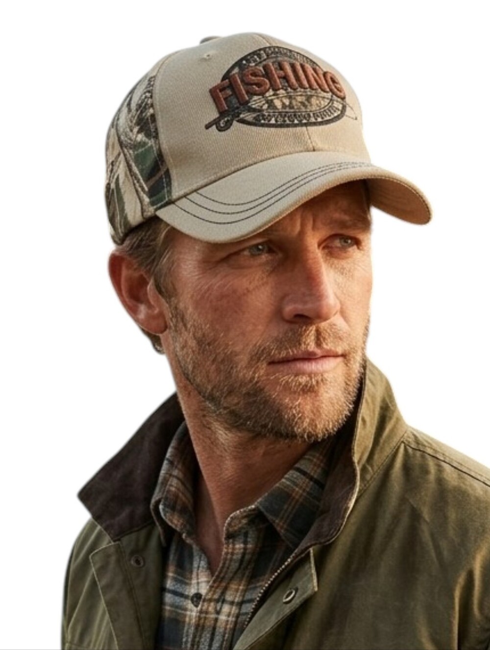 EZCAP Fishing Camo Baseball Hat Just Hook Up Outdoor Sports Distressed Khaki